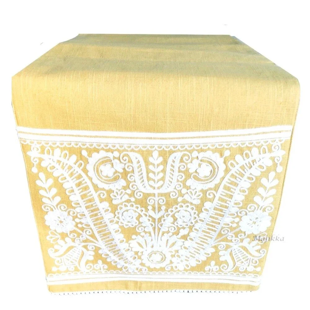 Nordic Folk Collection Embroidered Table Runner Yellow White 100% Cotton 72x14
